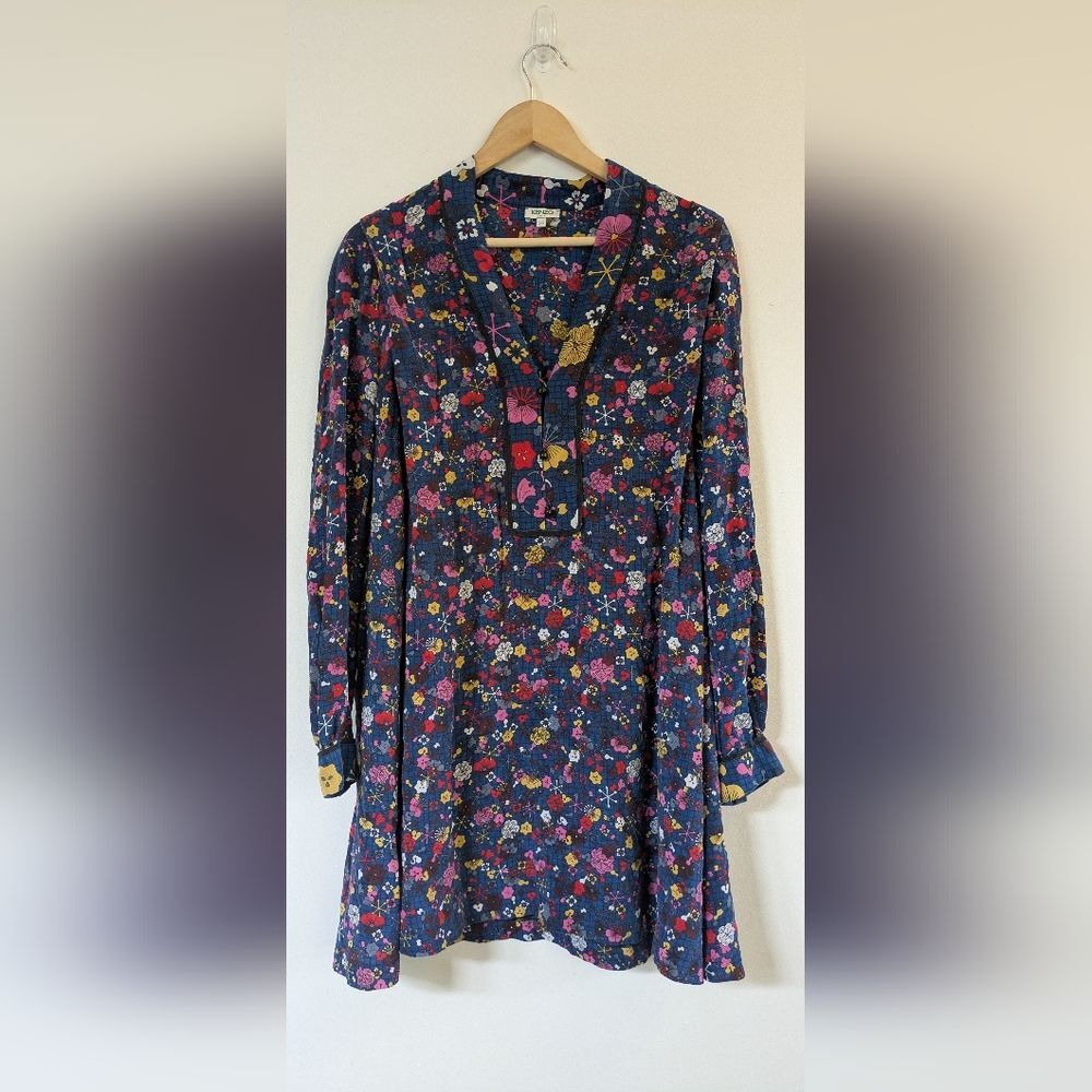 Kenzo Silk Tanami Flower Print Long Sleeve V-neck Floral Long Sleeve Dress 36
